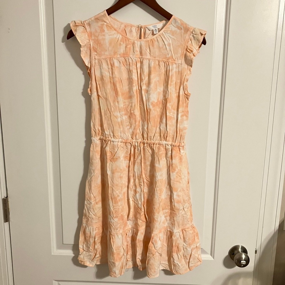 Time and Tru woven flutter sleeve dress peach tie-dye tiered flounce hem Sz XS